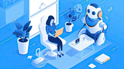Smart AI chatbots providing customer support, assistance. Modern technologies, world of the future, robots, cyborgs. Harmony between human concept. Satisfying consumer needs concept. Generative by AI