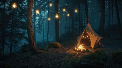 Experience the magic of the night! A campsite in the dark woods with glowing light bulbs and a bonfire, offering serene isolation - obrazy, fototapety, plakaty