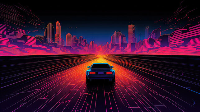 Car ride on the neon road in 80s retro synthwave style.