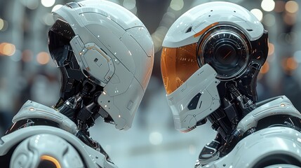 Two cyborg warrior-soldiers of the future look at each other in cyberpunk, futuristic, high-tech outfits. White armor. In a spacesuit and helmet, a robot, a transformer, an android. Cyberpunk society. - obrazy, fototapety, plakaty