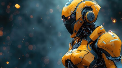 Сombat robot transformer in yellow armor with the face of a blonde girl combat machine cybernetic organism poster of the future on a dark background - obrazy, fototapety, plakaty