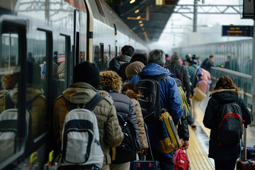Busy commuters at a train station, captured in a moment of daily life and urban travel during peak hours