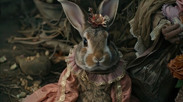 Rabbit in a princess costume, high lady, medieval theme, short fur. Mascot, surrealism, close-up, hare, costume photo shoot for pet. Concept of a small wild animal in human clothing. Generative by AI