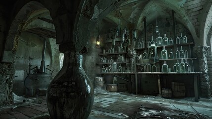 Medieval laboratory, apartment for alchemy, experiments. Deep underground room, bottles, disorder, alchemy equipment, dampness. Researchers room hidden from prying eyes concept. Generative by AI - obrazy, fototapety, plakaty