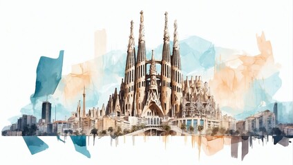 Obraz premium Sagrada Familia and Barcelona cityscape double exposure contemporary style minimalist artwork collage illustration.