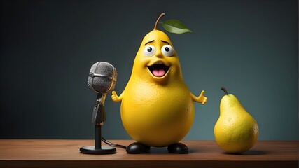 A humorous persona of a lemon or pear leads a fruit talk show and engages the audience via microphone.