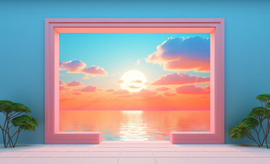 Fototapeta premium Open window with tropical landscape and ocean in y2k or vaporwave style. Pink sunrise in 90s style room, vacation calmness frame.