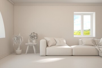 White living room concept with sofa. 3D illustration