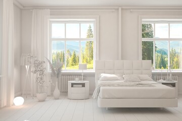 White bedroom interior design with summer landscape in window. Scandinavian interior design. 3D illustration