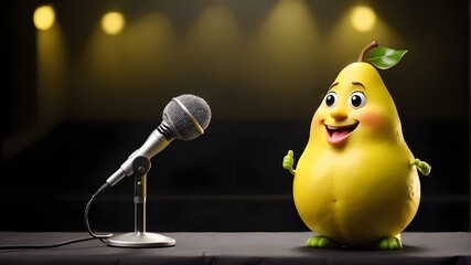 A humorous persona of a lemon or pear leads a fruit talk show and engages the audience via microphone.