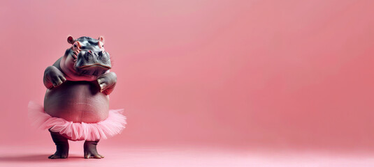 A baby hippo in a pink tutu. Hippo in Ballerina Skirt Dancing on Pink Background Banner with Copy Space