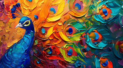 Abstract oil painting: colorful peacock tail painted with palette knife