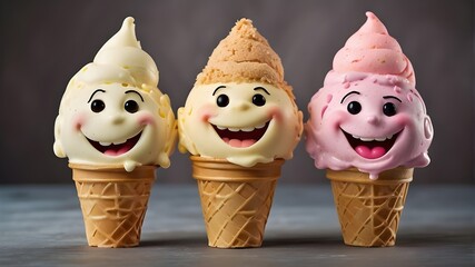 Three ice cream cones with faces on them smiling