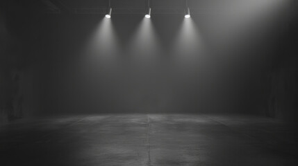 An atmospheric presentation space with dramatic black and grey hues, accentuated by spotlight illumination