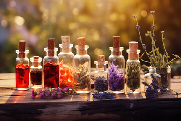 still life with aromatherapy bottles and fresh ingredients - obrazy, fototapety, plakaty