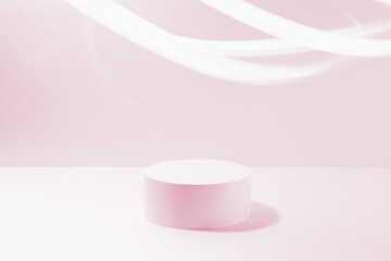 One round pink pedestal mockup for cosmetic products, smooth neon light stripes on pink background....