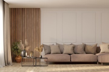 Interior design of modern apartment. Interior mockup. Scandinavian interior design. 3D illustration - obrazy, fototapety, plakaty