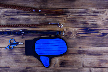 Brown leather dog leash, collar, pet slicker brush glove and scissors for claws on a wooden background. Top view