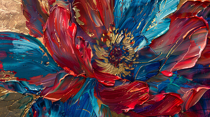 Abstract oil painting of Red and blue petals, flowers with gold lines, using a palette knife