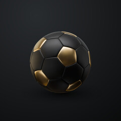 Soccer ball. Football ball in black and golden colors. 3d vector illustration of a sport element sign.