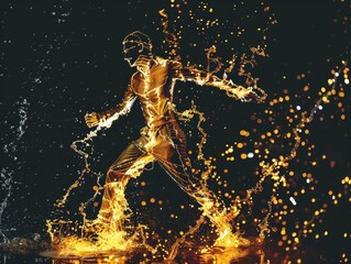 Dancer’s fiery silhouette in motion on water.