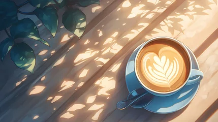Poster Cup of coffee with latte art on table in morning sunlight © Nutchanok