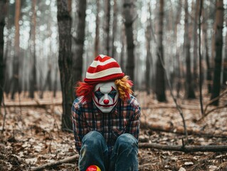 Lonely sad clown in eerie woods.