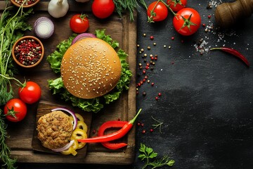The Burger and the fresh ingredients on the old Board, burger and other ingredients on a wooden background, burger with ingredients on top view, burger, tasty burger, healthy burger, fresh burger