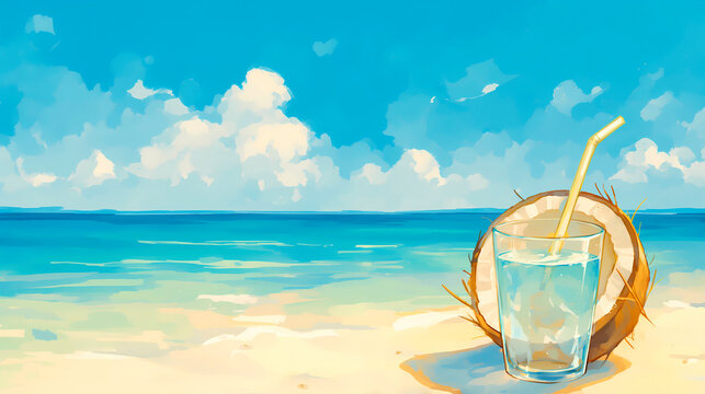 Illustration of a glass of fresh coconut juice on the beach.
