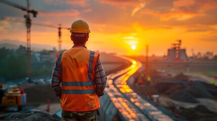 Engineer Overseeing Highway Project at Sunset. Concept Civil Engineering, Highway Construction, Infrastructure Development, Project Management, Sunset Photography - obrazy, fototapety, plakaty