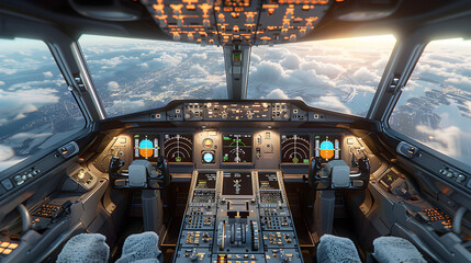 Fantacy airplane cockpit with a view of the city,
Airplane control room with airplane machining, very nice view

 - obrazy, fototapety, plakaty