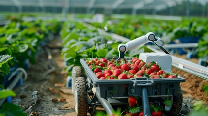 Robot farm technology AI driven vertical greenhouse revolutionizes agriculture. Precision machinery harvests fruit efficiently, merging smart tech with nature. - obrazy, fototapety, plakaty