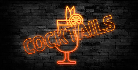 Neon cocktails bar sign on dark brick wall background. Glowing gas advertising with glasses of alcohol shake. Drinking canteen banner. Night club invitation. Vector illustration.