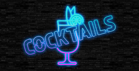 Neon cocktails bar sign on dark brick wall background. Glowing gas advertising with glasses of alcohol shake. Drinking canteen banner. Night club invitation. Vector illustration.