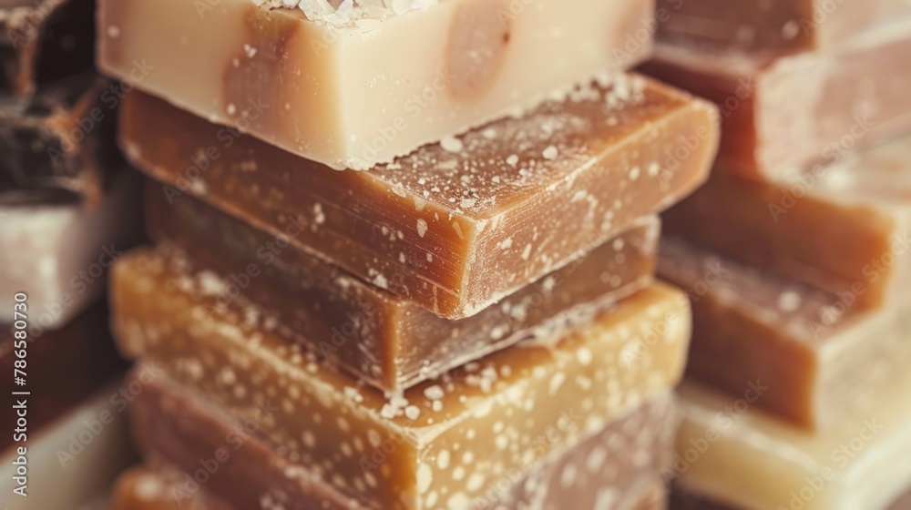 Poster A stack of soap bars on top of each other. Ideal for hygiene and cleanliness concepts