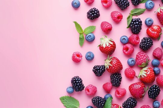 Fresh berries and raspberries scattered on a pink surface, perfect for food and nutrition concepts