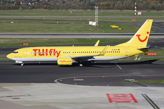 Dusseldorf, Germany - October 27, 2012: German TUIfly Boeing 737-800 with registration D-ATUI on taxiway at Dusseldorf Airport