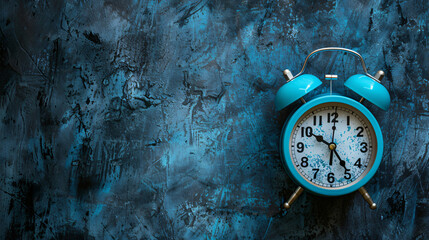 intermittent fasting concept - blue alarm clock top - obrazy, fototapety, plakaty