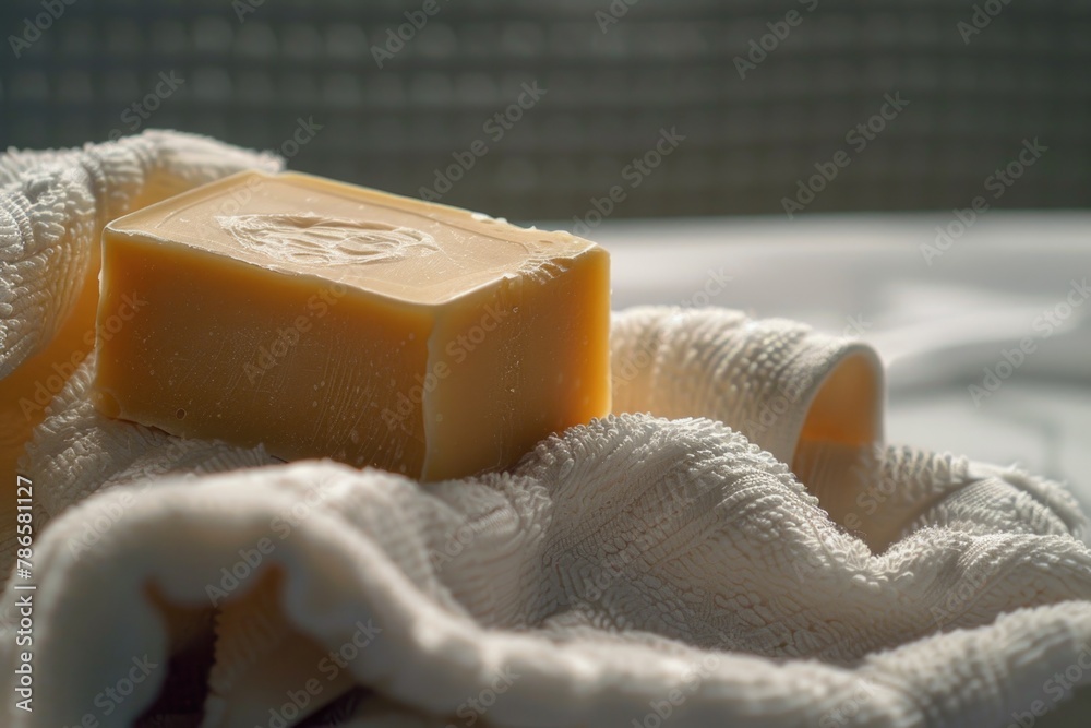 Poster A bar of soap resting on a towel. Suitable for hygiene and spa concepts