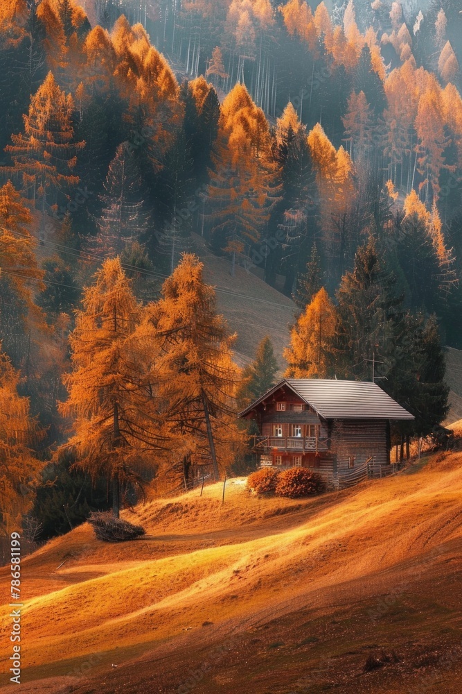 Poster a house standing alone in a vast field, with trees in the background. suitable for real estate or na