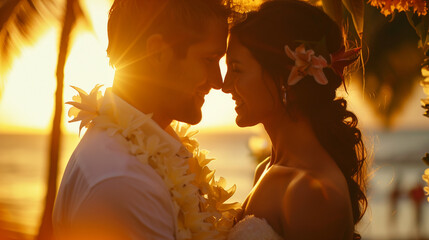 A couple getting married in Hawaii, wedding. - obrazy, fototapety, plakaty