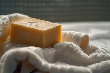 A bar of soap resting on a towel. Suitable for hygiene and spa concepts