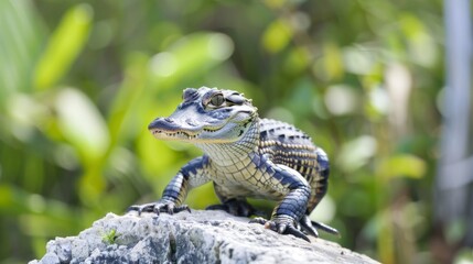 Obraz premium Small Alligator Sitting on Top of a Rock