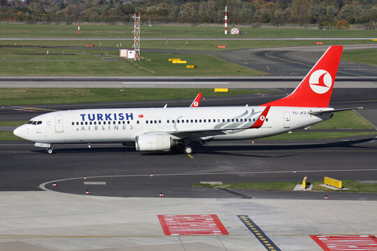 Dusseldorf, Germany - October 27, 2012: Turkish Airlines Boeing 737-800 with registration TC-JFZ on taxiway at Dusseldorf Airport