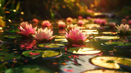 A tranquil pond ablaze with the vibrant hues of water lilies, their delicate petals unfurling in the warmth of the spring sun. 8K - obrazy, fototapety, plakaty