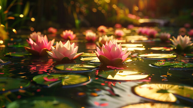 A tranquil pond ablaze with the vibrant hues of water lilies, their delicate petals unfurling in the warmth of the spring sun. 8K