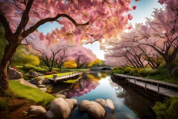 a serene riverside oasis, where the colorful hues of blossoming trees and a profusion of wild, vibrant blossoms thrive.