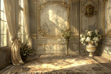 3d Cozy and antique indoor background in gold color