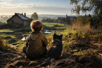 Anonymous kid with pet dog sitting on rock in countryside