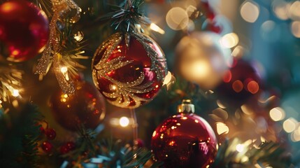 Close up of a decorated Christmas tree. Perfect for holiday season designs